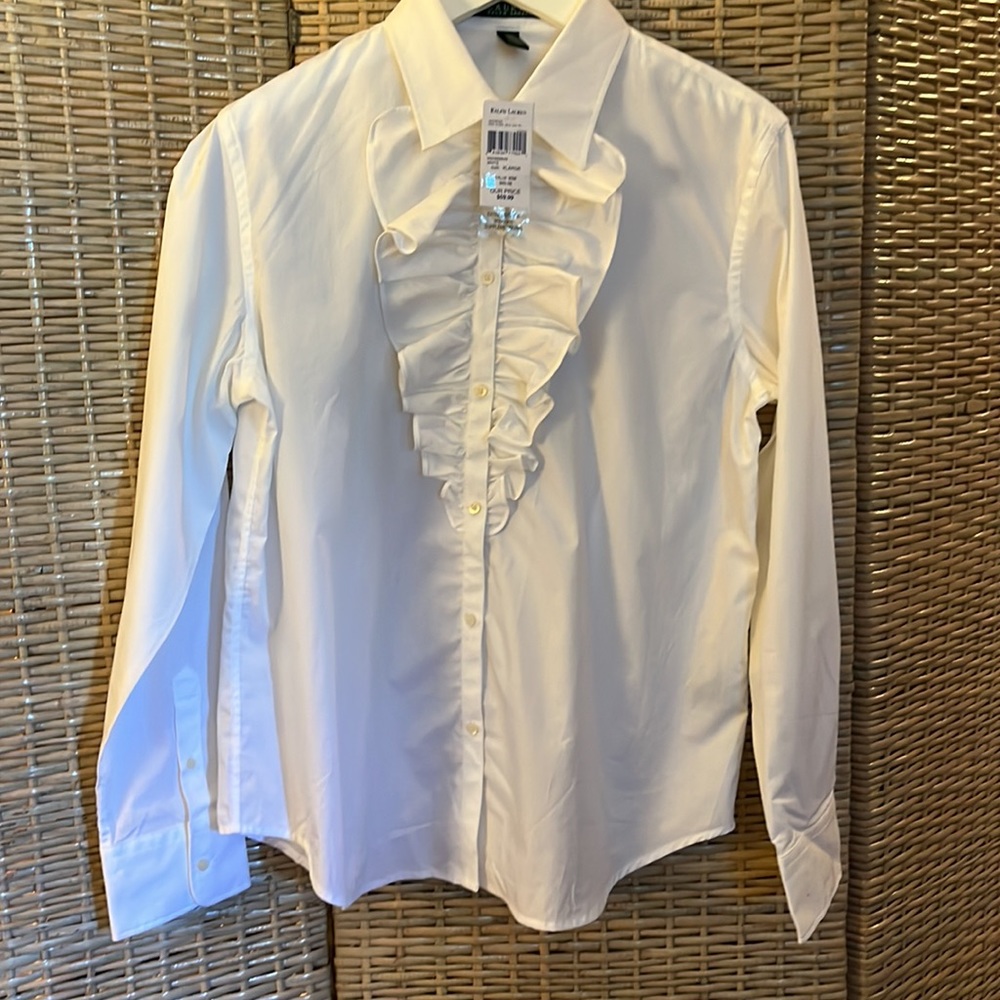 COPY - Lauren Ralph Lauren White Button Up Ruffled White Blouse. Size XL. NWT, …